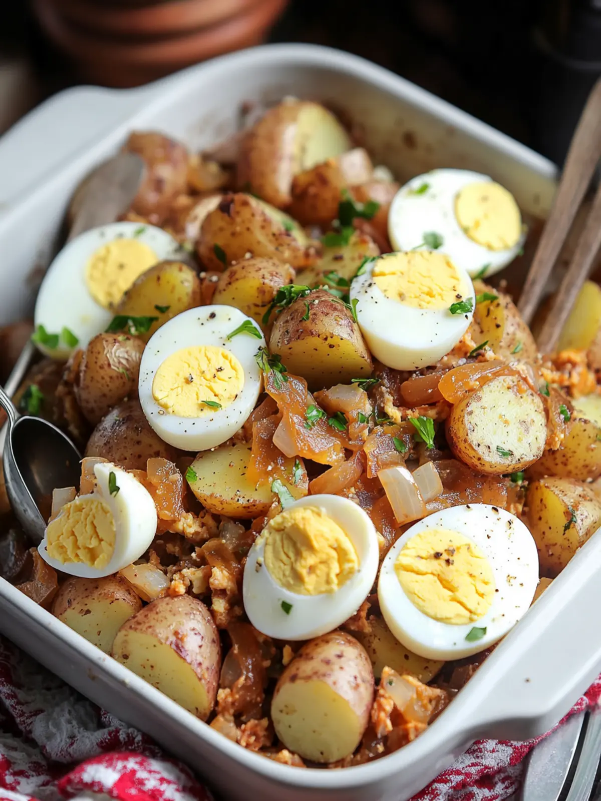 Savory Caramelized Onion and Hummus Potato Salad Delight 3 Caramelized Onion and Hummus Potato Salad with Soft Boiled Eggs