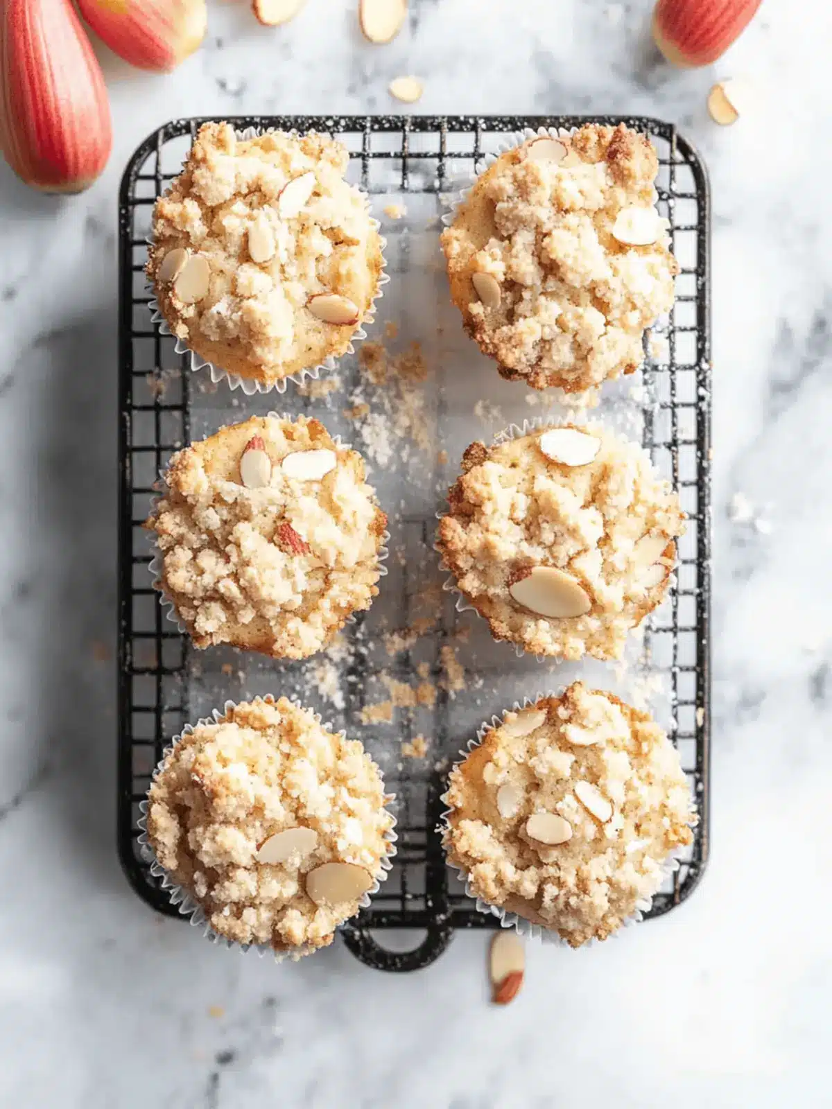 Delicious Almond Rhubarb Muffins with Crunchy Almond Streusel 2 Almond Rhubarb Muffins with Almond Streusel