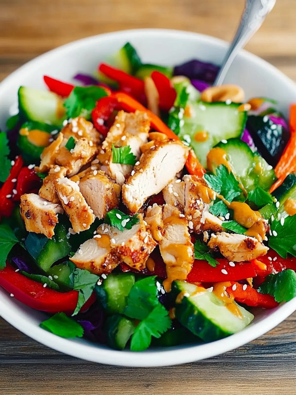 Delicious Crunchy Asian Salad with Chicken and Sesame Dressing 4 Crunchy Asian Salad with Vegetables, Chicken and Sesame Peanut Dressing