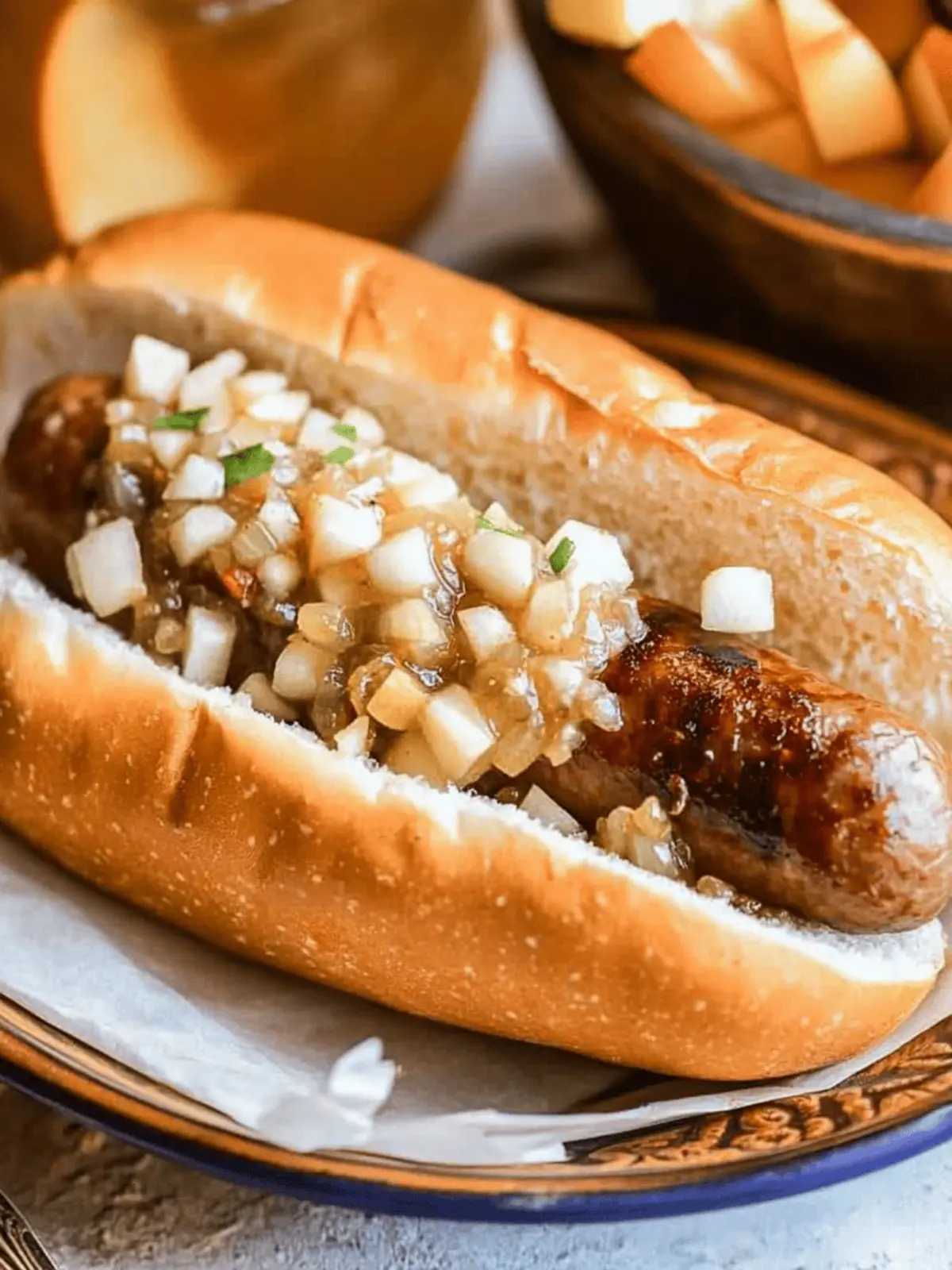 Apple Cider Brats with Zesty Apple Onion Relish Delight 3 Apple Cider Brats with Apple Onion Relish