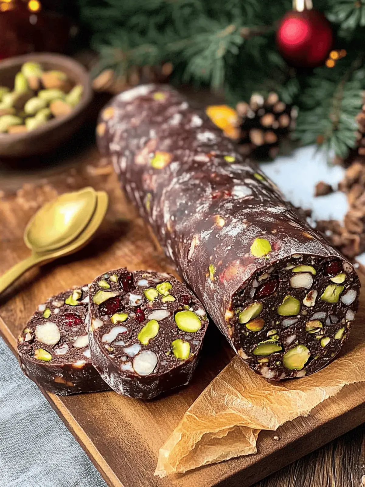 Irresistible Christmas Chocolate Salami with Cranberries & Pistachios 4 Christmas Chocolate Salami with Cranberries and Pistachios