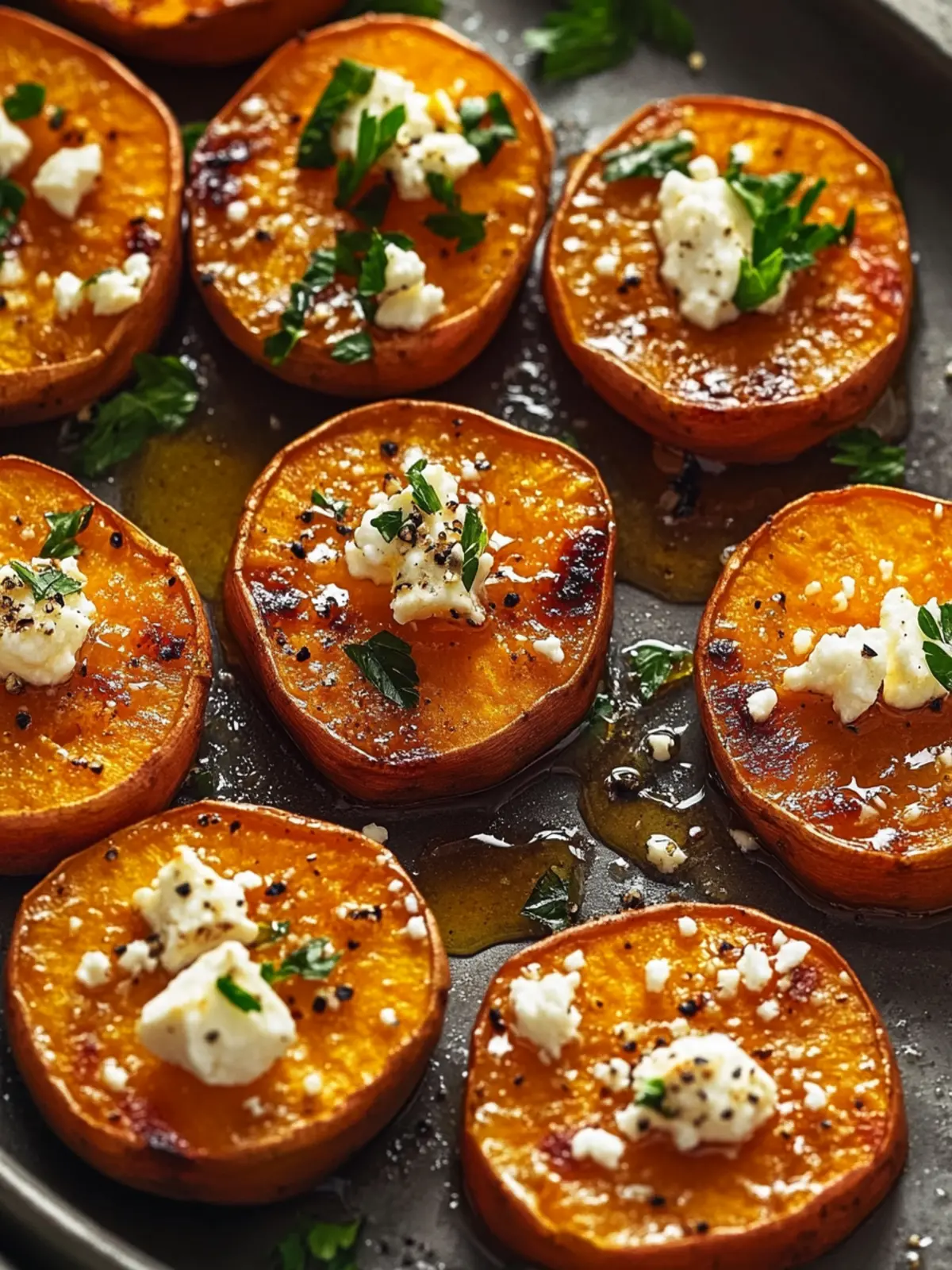 Irresistible Roasted Sweet Potato Rounds with Honey & Feta Delight 2 Roasted Sweet Potato Rounds with Honey & Feta