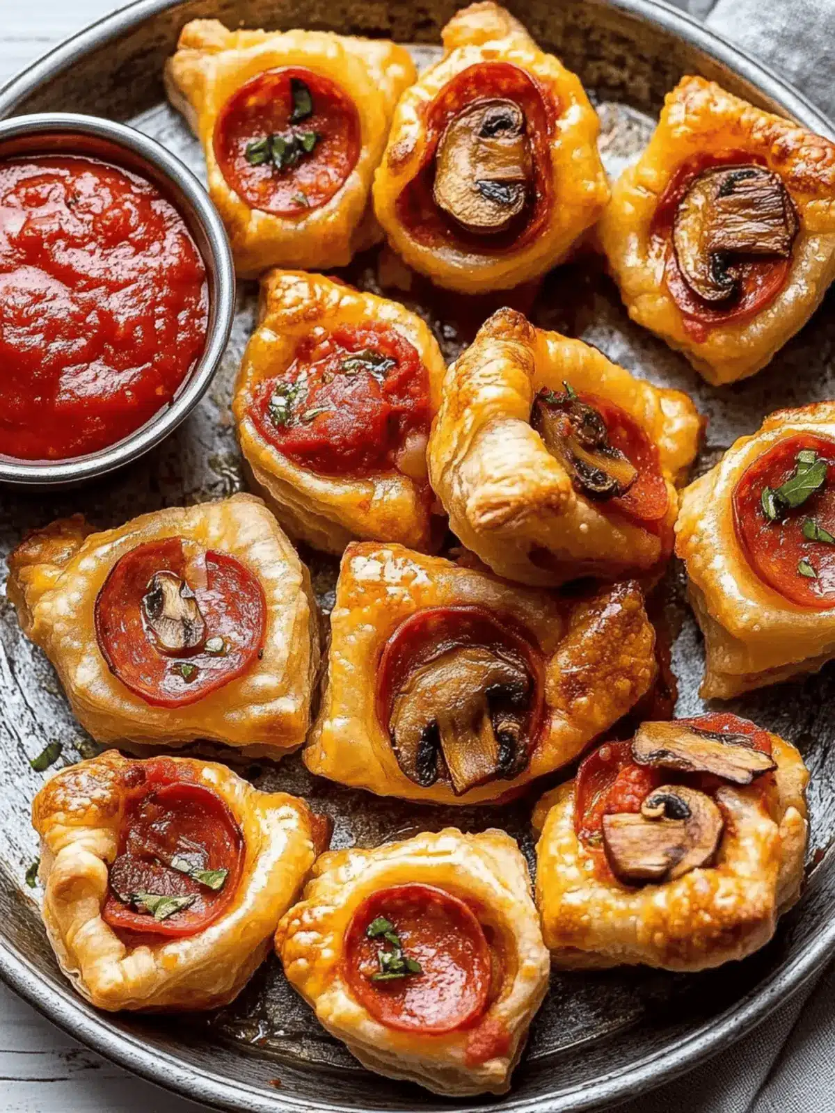 Puff Pastry Pizza Bites: Quick Pepperoni or Mushroom Indulgence 2 Puff Pastry Pizza Bites (Pepperoni or Mushroom)