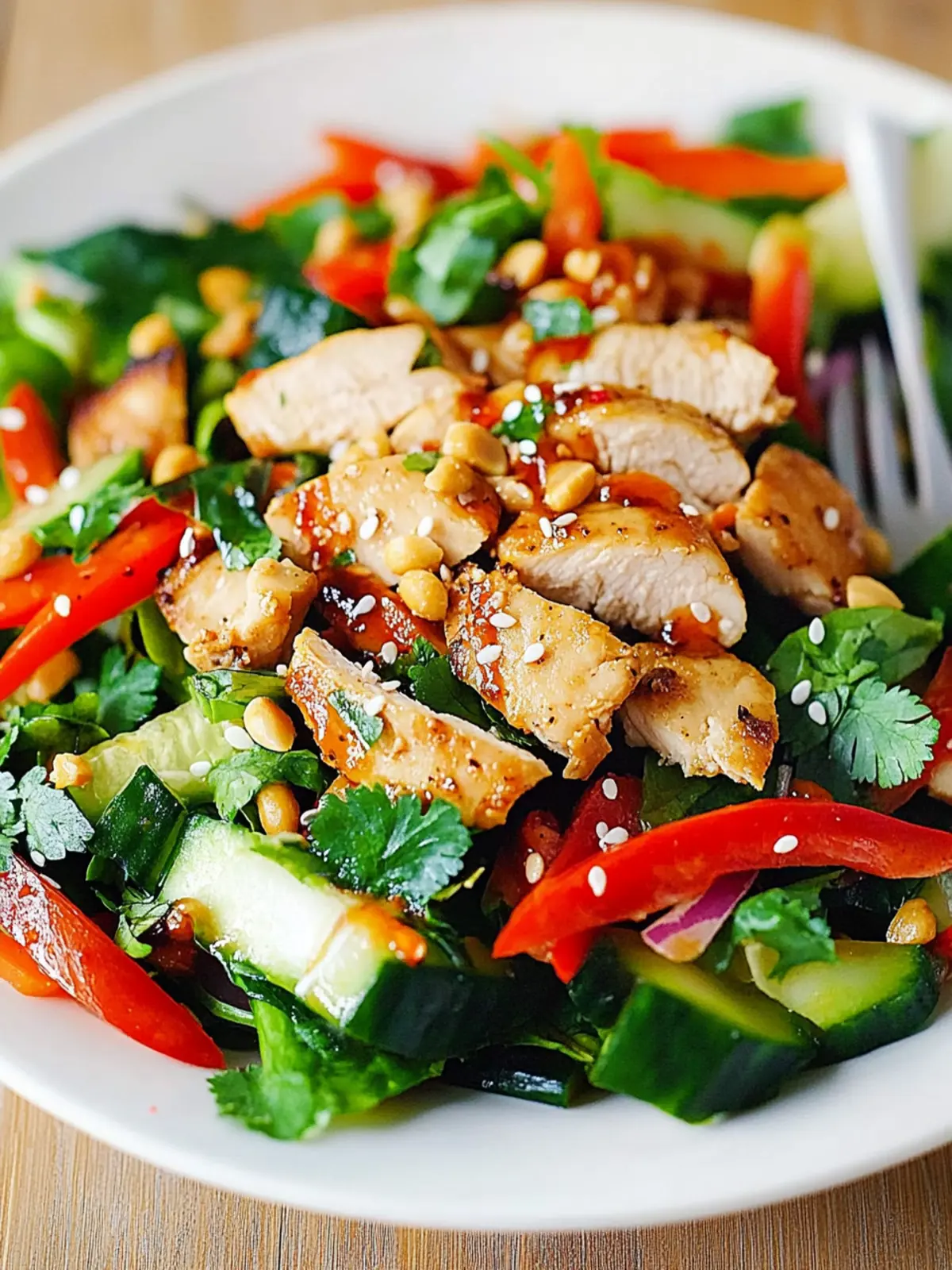 Delicious Crunchy Asian Salad with Chicken and Sesame Dressing 2 Crunchy Asian Salad with Vegetables, Chicken and Sesame Peanut Dressing
