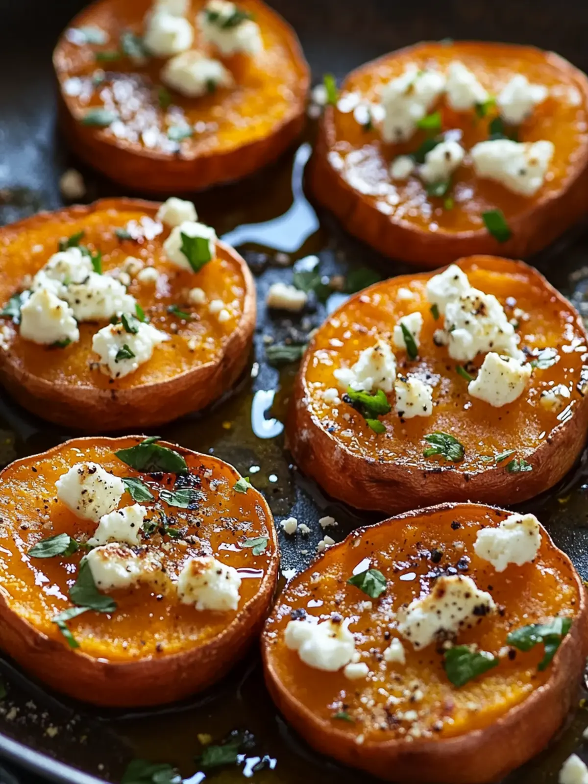 Savory-Sweet Roasted Sweet Potato Rounds with Honey & Feta 4 Roasted Sweet Potato Rounds with Honey & Feta