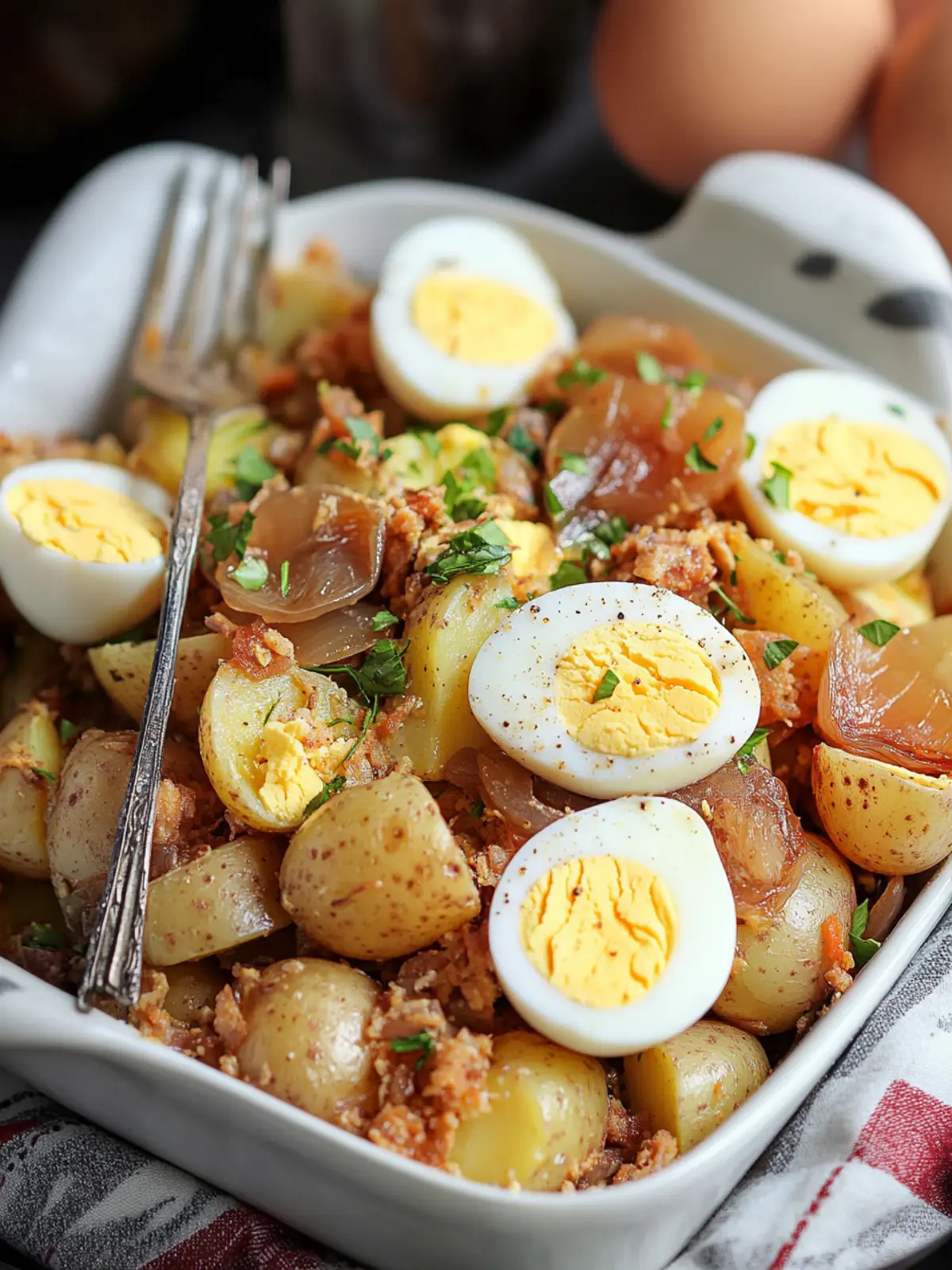 Savory Caramelized Onion and Hummus Potato Salad Delight 2 Caramelized Onion and Hummus Potato Salad with Soft Boiled Eggs