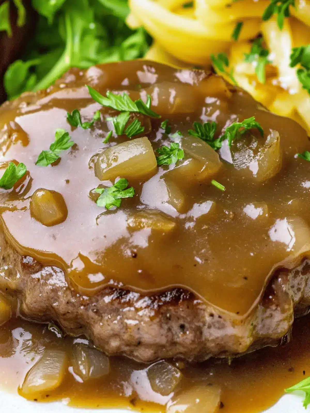 Savory Hamburger Steak with Onion Gravy: Sous Vide or Pan Sear 3 Hamburger Steak With Onion Gravy (Sous Vide or Pan Sear)