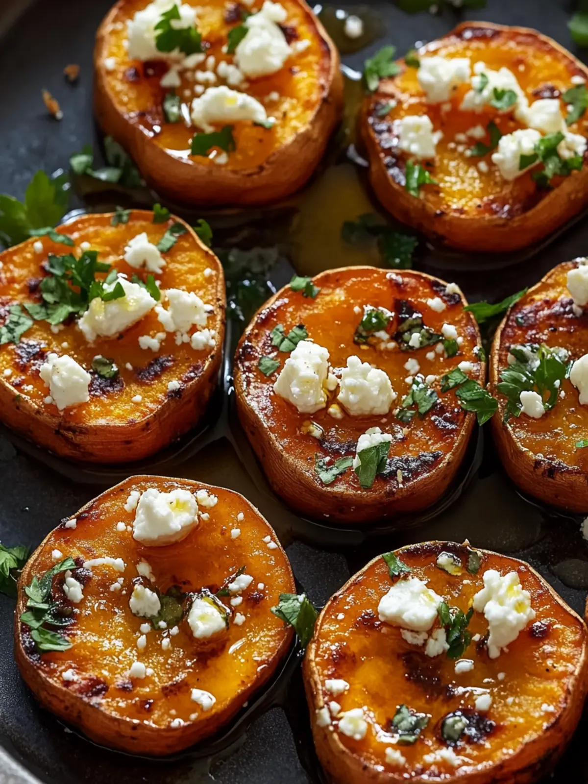 Savory-Sweet Roasted Sweet Potato Rounds with Honey & Feta 3 Roasted Sweet Potato Rounds with Honey & Feta