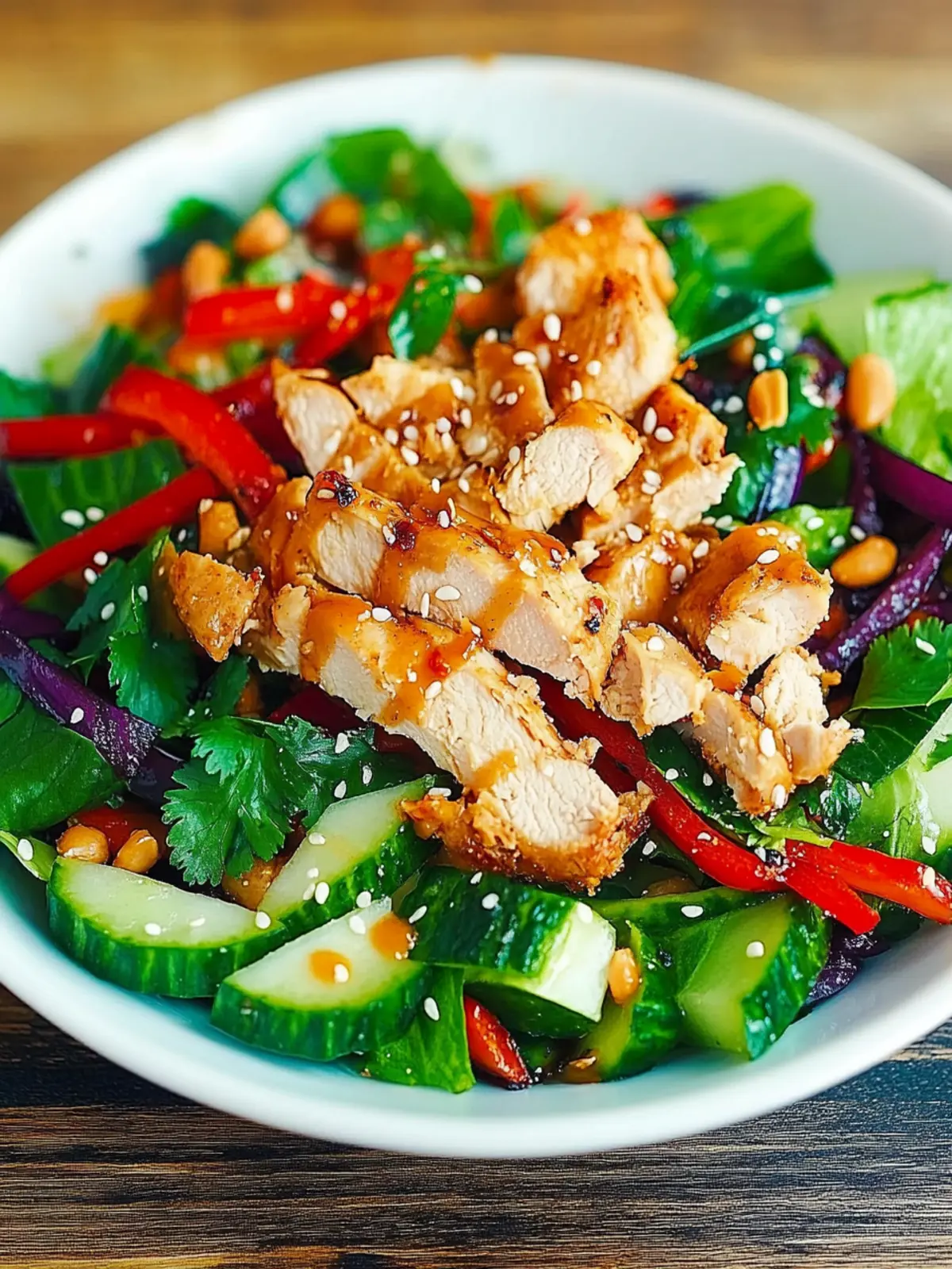 Delicious Crunchy Asian Salad with Chicken and Sesame Dressing 3 Crunchy Asian Salad with Vegetables, Chicken and Sesame Peanut Dressing