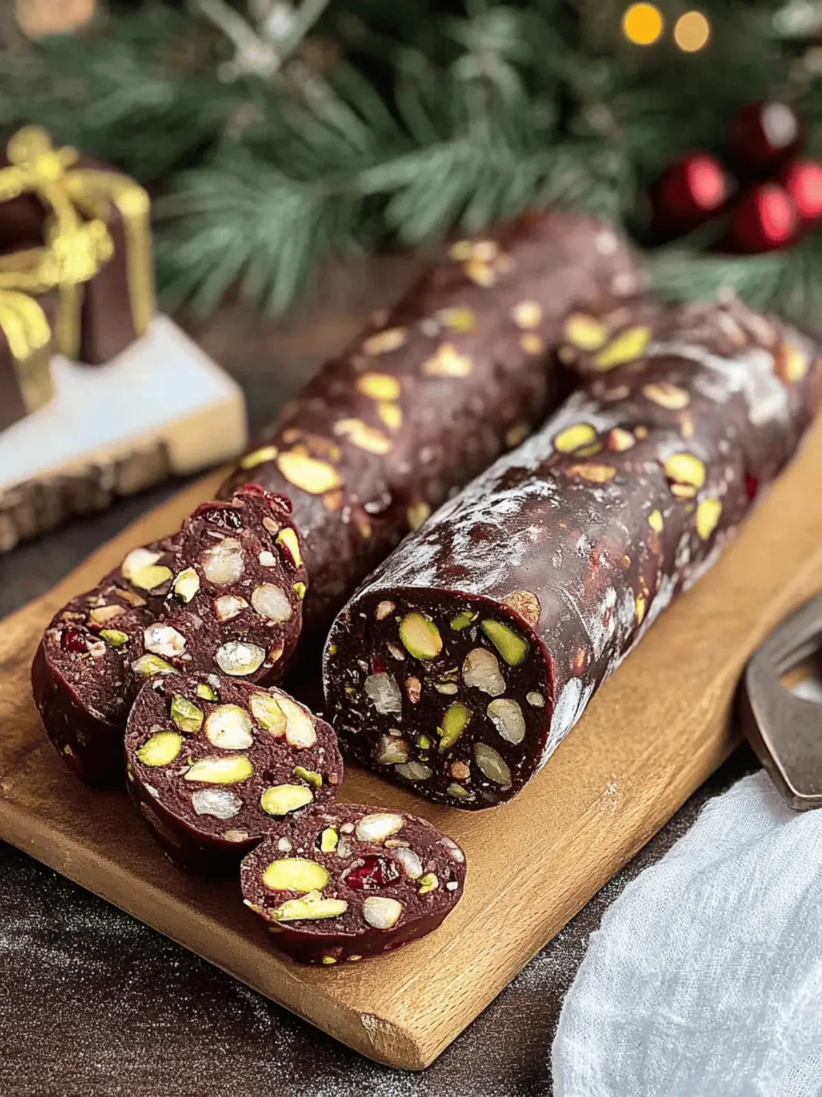 Irresistible Christmas Chocolate Salami with Cranberries & Pistachios 3 Christmas Chocolate Salami with Cranberries and Pistachios