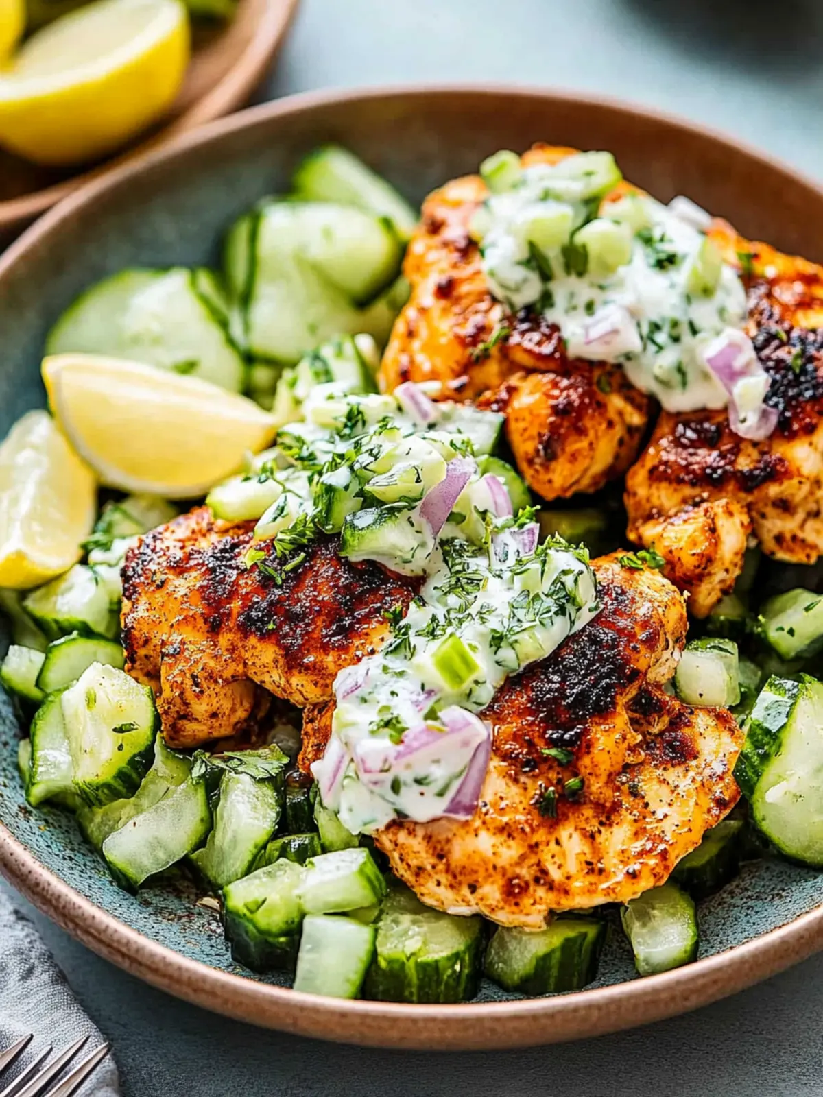 Spicy Mediterranean Chicken with Creamy Cucumber Bliss 2 Spicy Mediterranean Chicken with Creamy Cucumber Salad