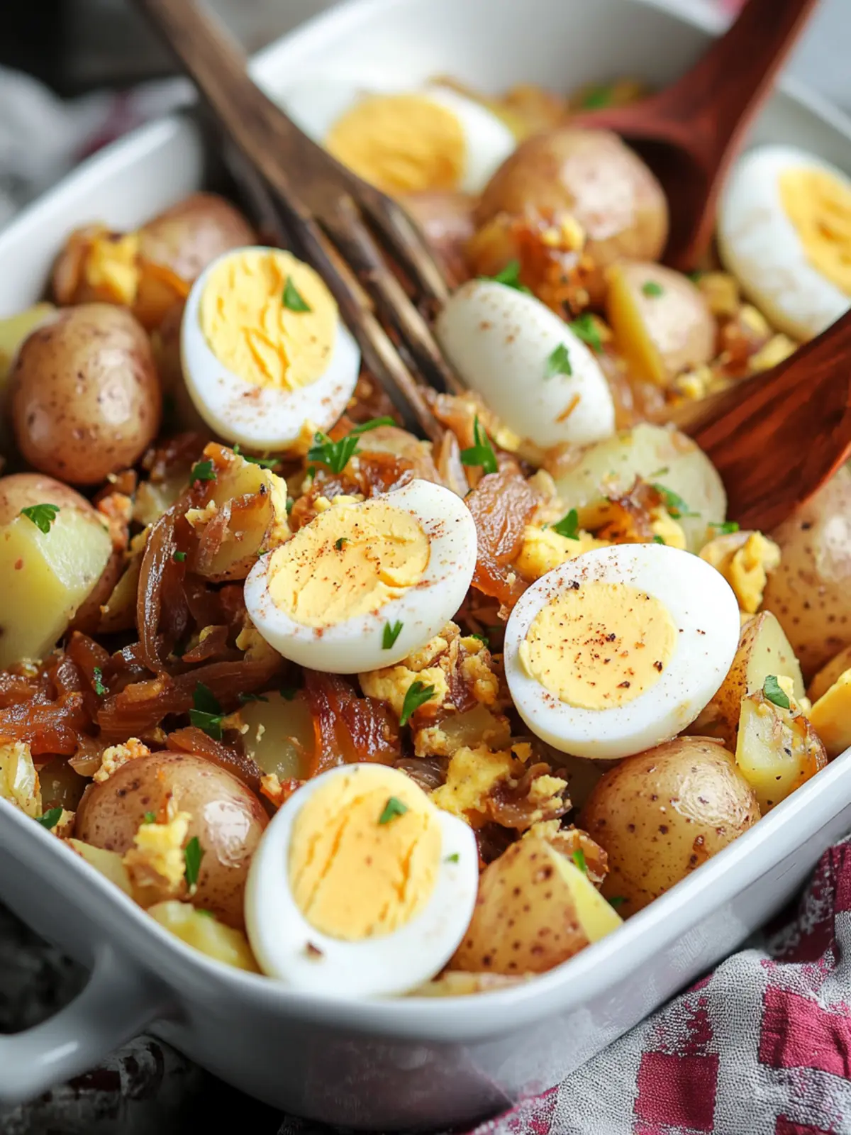Savory Caramelized Onion and Hummus Potato Salad Delight 4 Caramelized Onion and Hummus Potato Salad with Soft Boiled Eggs