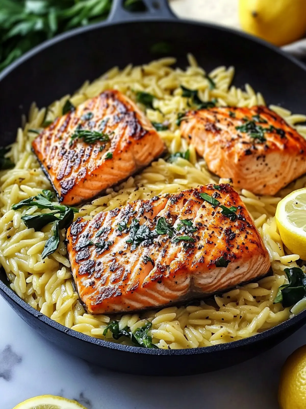 Savory Garlicky One Skillet Salmon with Lemon Orzo Delight 3 Garlicky One Skillet Salmon with Lemon Orzo