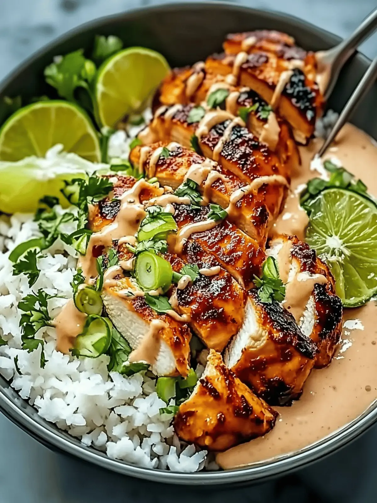 Sweet Chili Chicken Bowl with Coconut Lime Drizzle Bliss 4 Sweet Chili Chicken Bowl with Coconut Lime Drizzle